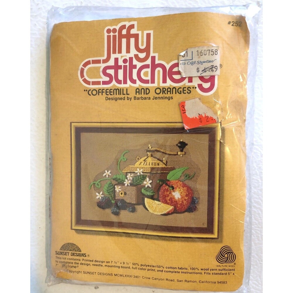 Jiffy Stitchery Coffeemill and Oranges Embroidery Barbara Jennings NOS SEALED